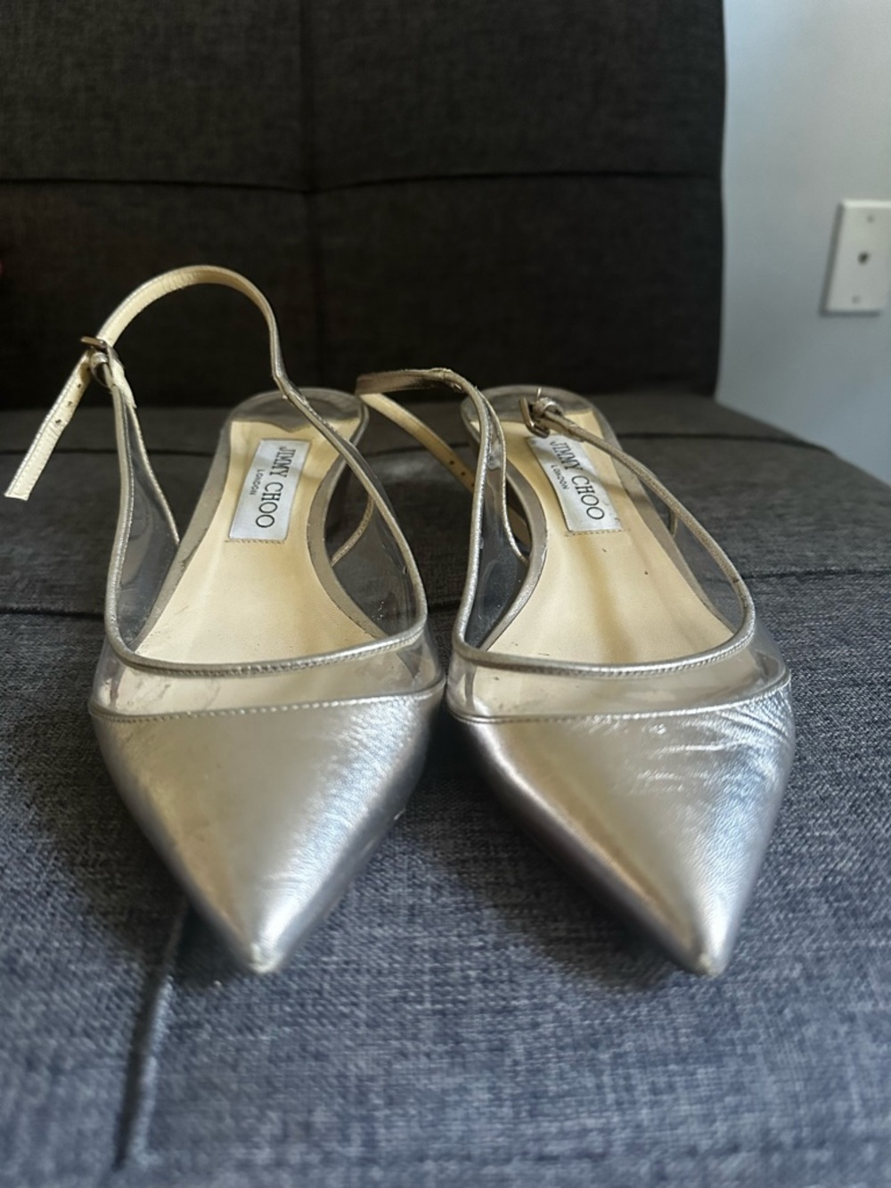 Jimmy Choo Silver Metallic Pointed Slingback 2 inch heel with Clear Sides auth